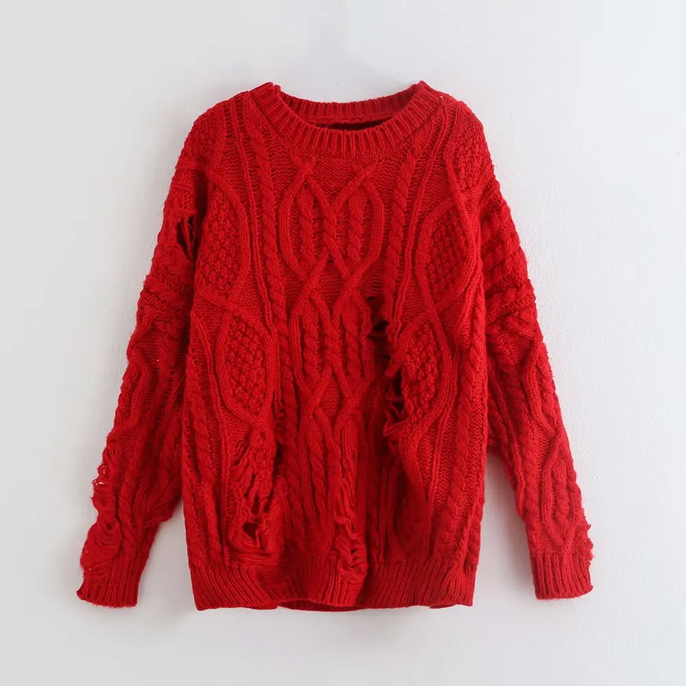 Осенне-зимний женский модный свитер с петельками, женские вязаные повседневные свободные свитера, шикарные топы S083 - Цвет: as pic S083R