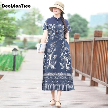 

2020 chinese dress cheongsam qipao female cotton and linen cheongsam dress short sleeve long dress qipao flower printed qipao