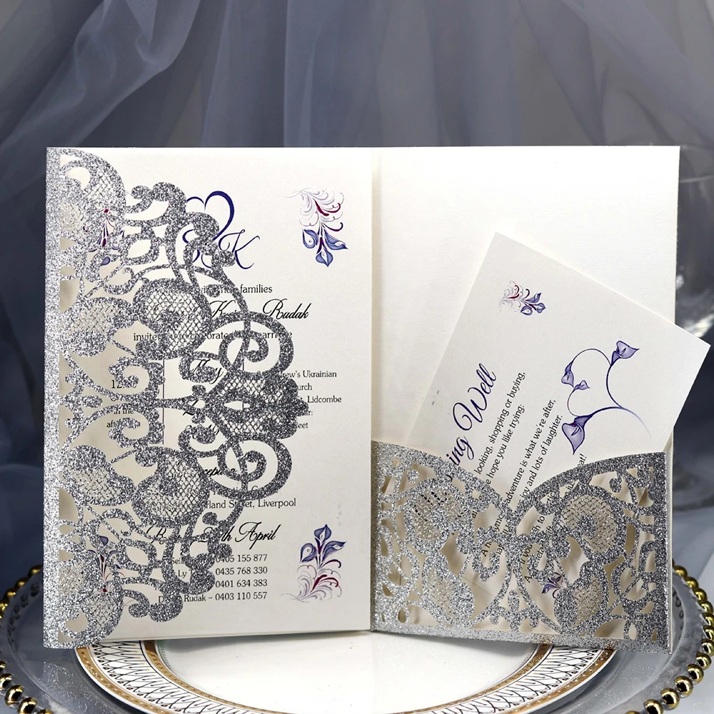 Свадебные приглашения темно-синего цвета с бордовыми лентами 3 складки 5x7 дюймов