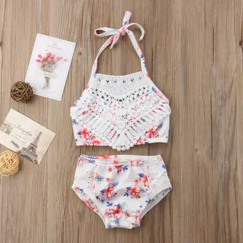 

2Pcs Toddler Baby Girl Halter Lace Patchwork Floral Printed Swimwear Bathing Suit Bikini Outfits Swimsuit Sets