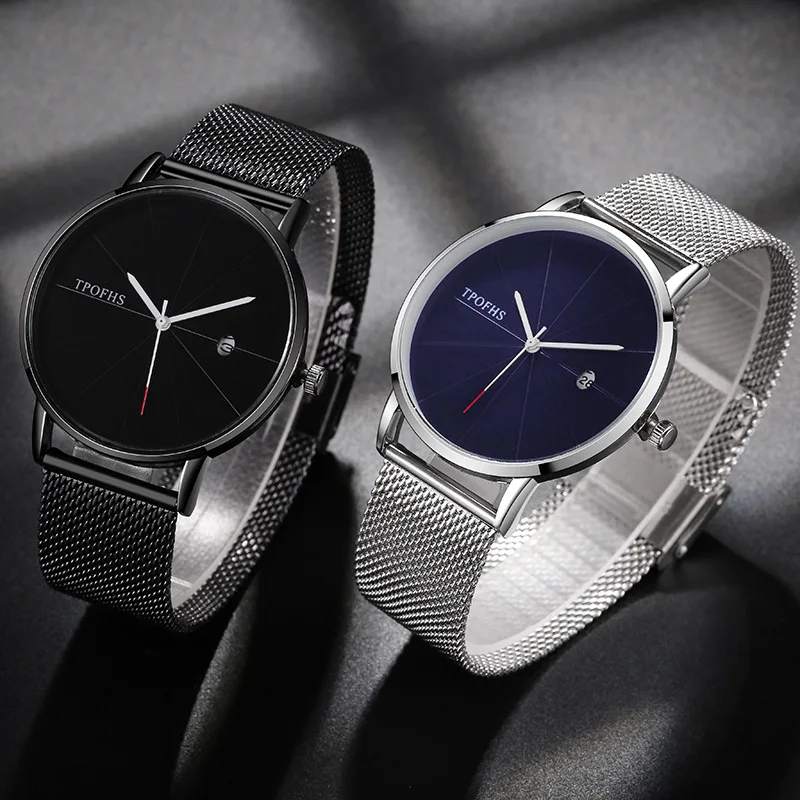 

2019 blue dial ultra-thin calendar quartz student watch meridian titanium steel strap men's fashion watch factory direct sales