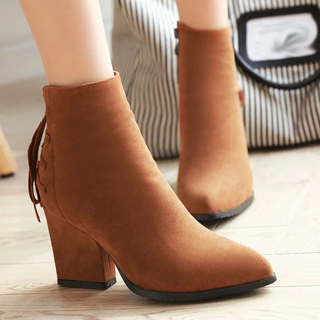 boots women botines mujer 2019 Fashion Pure Color Pointed Toe Zipper Boots Chunky Heels Vintage Women Boots ботильоны