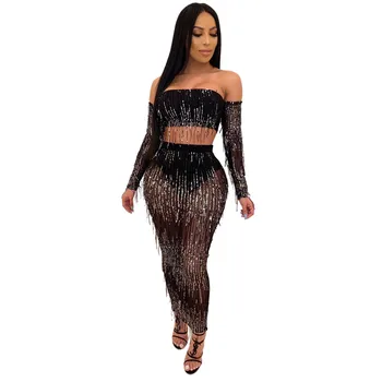 

Sexy Sequin Tassel Sheer Mesh Two Piece Set Women Festival Clothing Strapless Crop Top Maxi Skirt Matching Sets Club Outfits