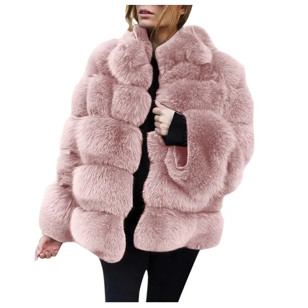 Модное зимнее теплое плотное плюшевое пальто для женщин, большие размеры, пальто из искусственного меха, теплая меховая куртка с длинным рукавом, верхняя одежда Chaqueta - Цвет: Розовый