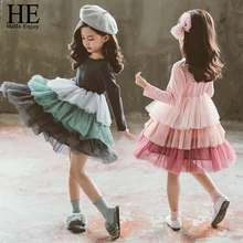 HE Hello Enjoy/платья для девочек; осеннее милое Сетчатое многослойное платье принцессы с длинными рукавами; детская праздничная одежда на день рождения