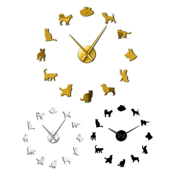 

Mirror Effect Stickers DIY Giant Silent Wall Clock Dog Pet Owners Home Decor Cockers Mute Wall Art Hanging Watch