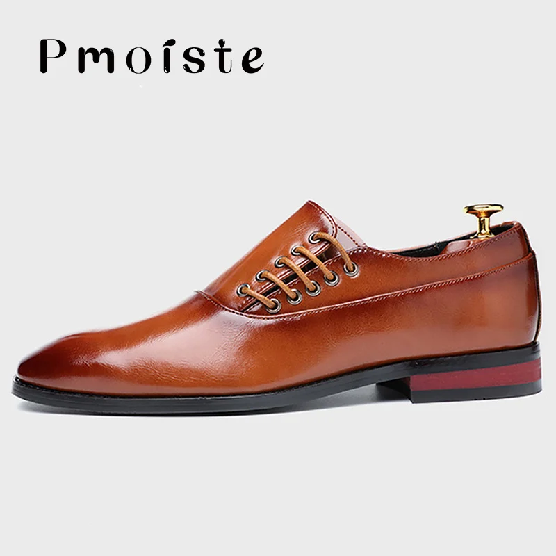 Men Dress Shoes Leather PU Big Size 45-48 Cross Tied Comfortable Derby Shoes Man Rubber Solid Party Shoes For Men - Цвет: Brown