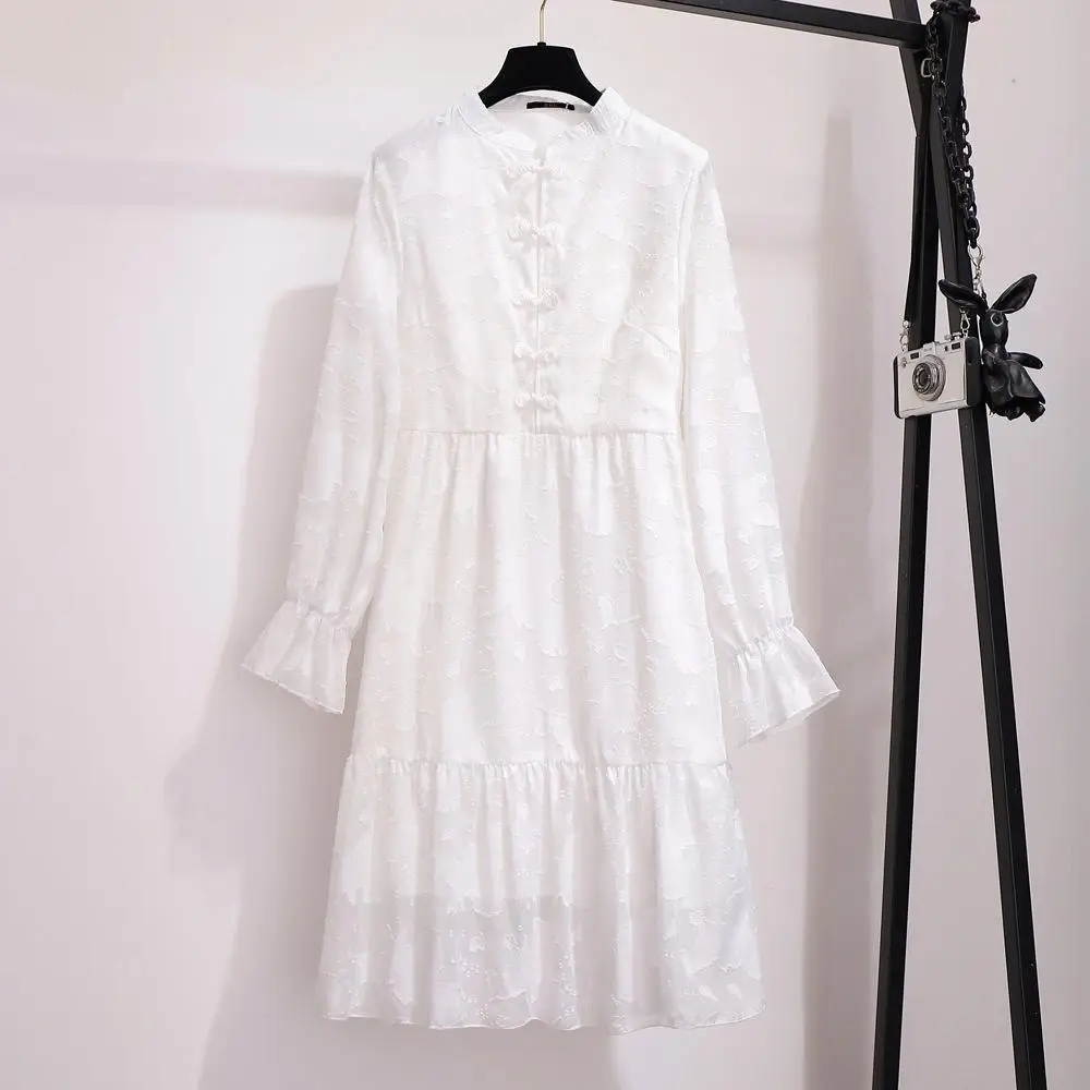 2XL-6XL Large size Women Lace Dress Autumn Winter Vintage Loose Office Dress Embroidery 5XL Female Plus size Elegant Party Dress - Цвет: white