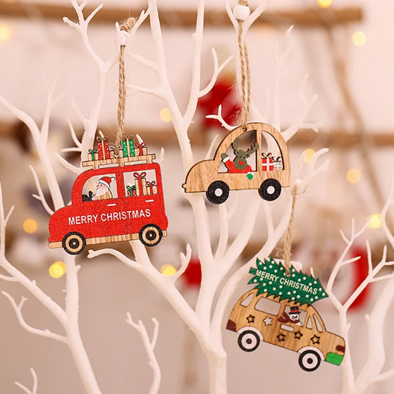 9pcs/box Christmas Car Wooden Pendants Xmas Tree Hanging Ornaments Christmas Decorations for Home Kids Gift Noel Navidad Decor