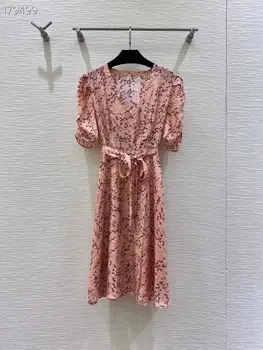 

Women Floral Printed Dresses 2020 Sexy V-Neck Short Sleeve Belt Empire Casual Silk Knee-Length Dress Spring Summer