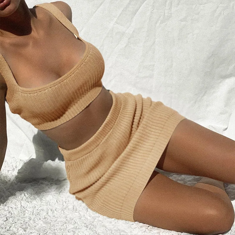 Beyouare women rib knit solid two-piece set summer square collar sleeveless crop top and pencil skirts casual elegant women sets