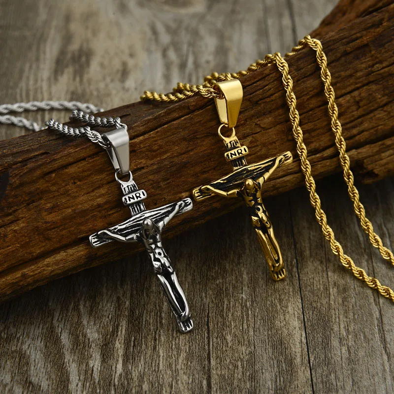 Нержавеющая сталь золото Цвет INRI Jesus частей крест кулон& Цепочки и ожерелья посеребрянное ожерелье для Для мужчин подарок Винтаж ювелирные украшения с христианской символикой