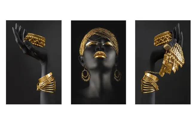 African Woman Holding Gold Jewelry Canvas Posters and Prints Black Models Art Paintings on the Wall Art Pictues For Living Room 