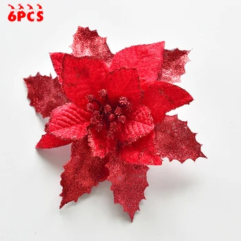 

6pcs Glitter Christmas Flower Artificial Flower Artificial Flowers Large Poinsettia Glitter White Accessories DIY Red Gold