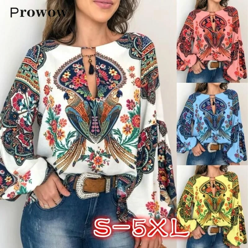 

Prowow spring autumn Casual Lantern Sleeve loose Floral Women Vintage Blouse Sexy long sleeve shirt Fashion Lady oversize Tops