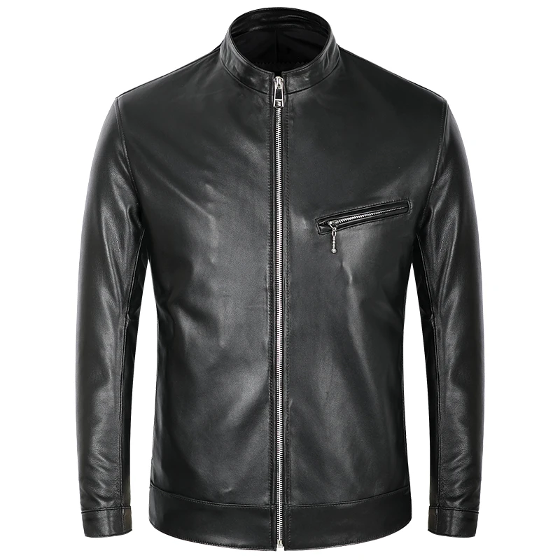 Men's Sheepskin Genuine Leather Jackets Autumn Spring Slim Motorcycle Biker Jacket Male Real Leather Coats Black Stand Collar cowhide jacket Genuine Leather