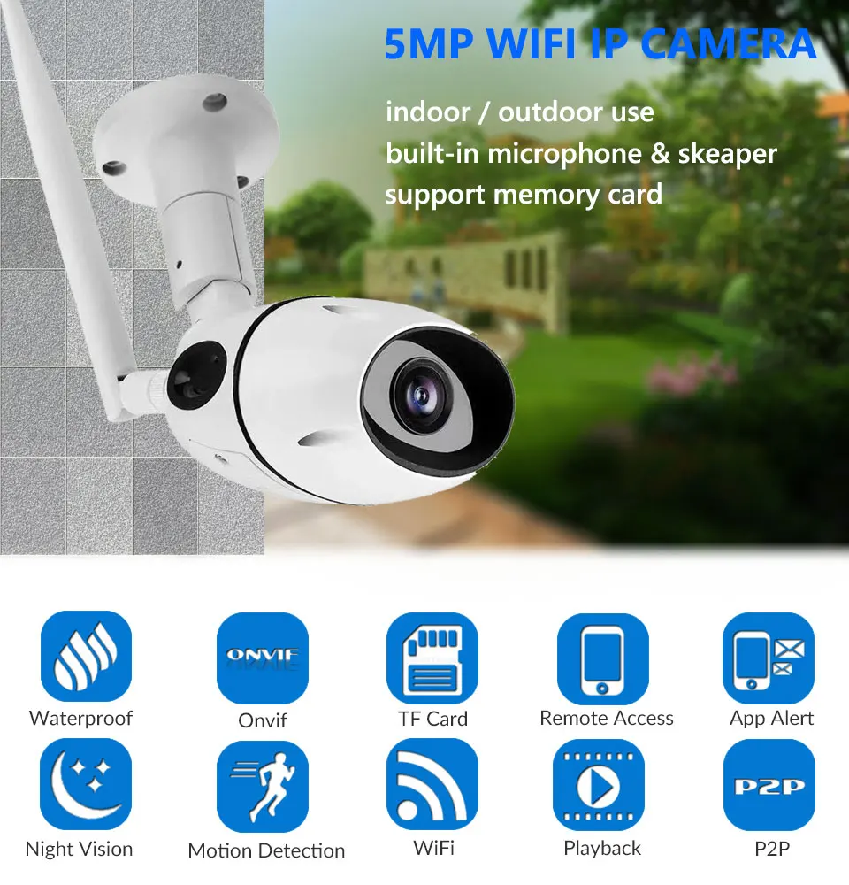 HD 5MP Wifi IP камера ONVIF 1080P Беспроводная Проводная CCTV цилиндрическая камера наружная двухсторонняя аудио TF слот для карты Макс 64G IR 20m P2P