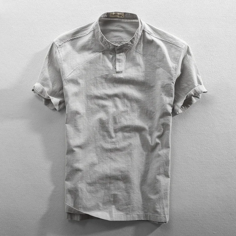 Men Summer Fashion Japan Style Solid Color Stand Collar Short Sleeve High Quality Cotton Linen Tshirt Male Casual Simple T-shirt | Мужская