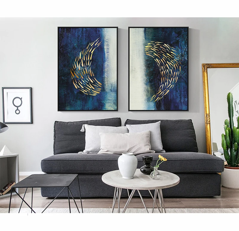 

Abstract Gold Fish Chinese Canvas Painting Big Blue Poster Print Luxurious Wall Art For Living room Aisle Gold tableaux Picture