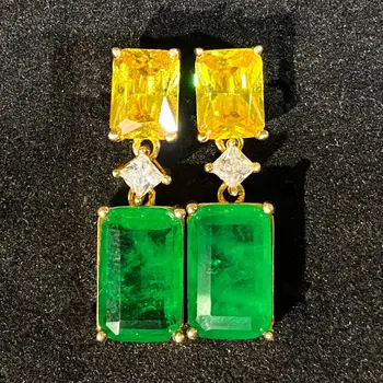 

2020 new Real S925 sterling silver with rectangle Synthetic Topaz Emerald stone Dangle earrings Vintage Fine jewelry for women