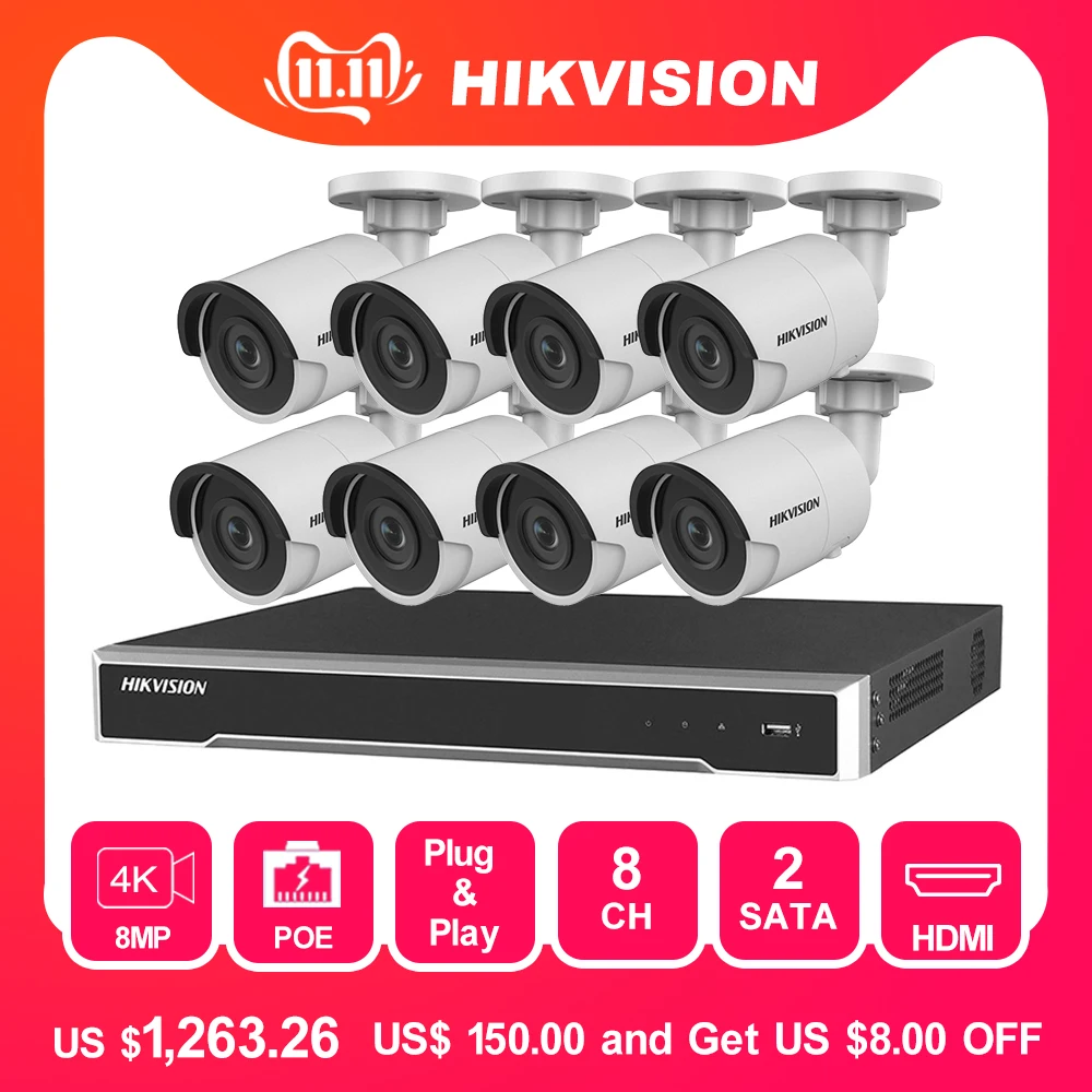 Hikvision 8CH HD Сеть POE NVR комплект CCTV система безопасности 8 шт. Мп пули наружная IP