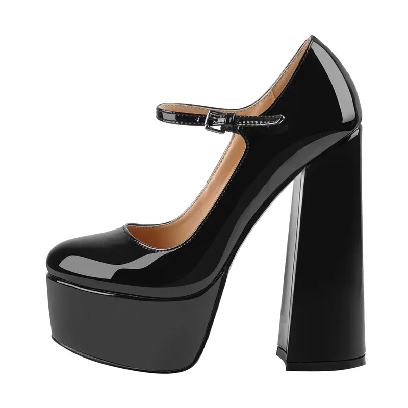 Richealnanoah-zapatos de tacón grueso de punta redonda para mujer, tacones de salón, vestido de tirantes, color negro, talla grande