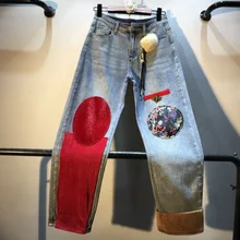 Новая мода осень и зима сшитые цветные Заплатки с высокой талией Прямые джинсовые штаны для женщин индивидуальность пчелиный мех норки джинсовые брюки
