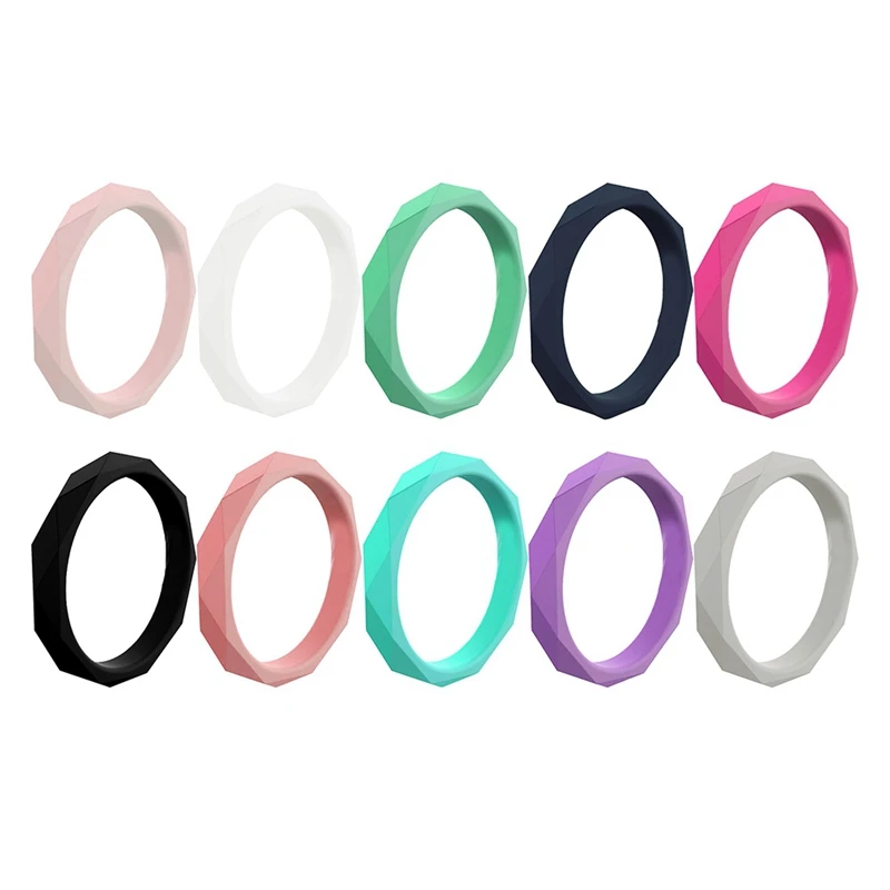 10Pcs Silicone Sports Rings Solid Color Rhombus For Men Women Couple Rubber Band Stackable Wedding Finger Rings Sz 4-10