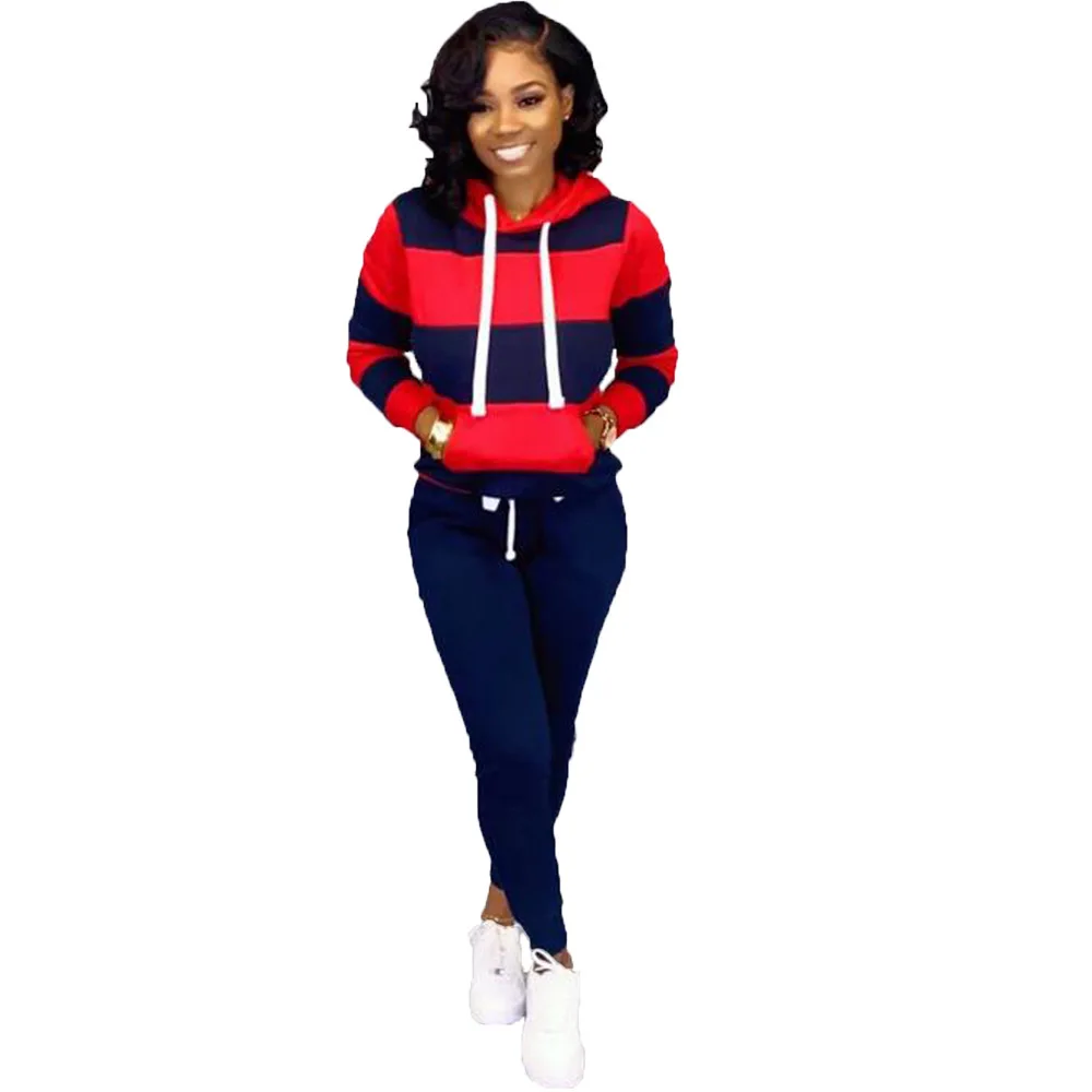 Winter Women's set Tracksuit Full Sleeve Hoodied Sweatshirt Pockets casual Pants Suit Two Piece Set Outfits sweatsuit - Color: Red