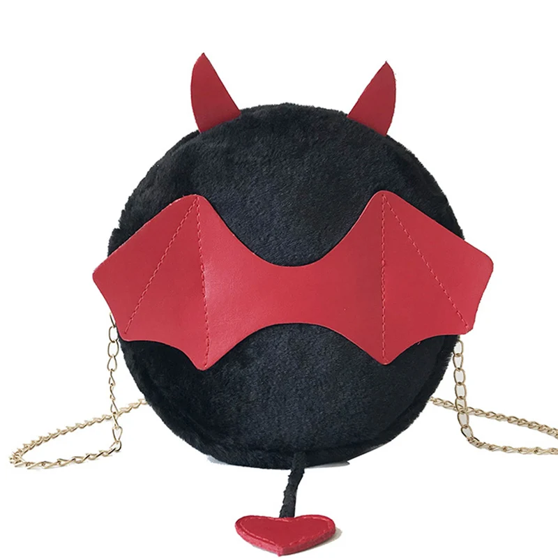 

Women Girls Fashion Velvet Hairy Small Round Bag Cute Demon Chain Shoulder Diagonal Package Bag Arrive Hot