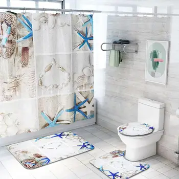 

3pcs Flannel Toilet Lid Pad Binding Bathroom Aniti-slip Mat Bath Curtain U-shaped Floor Carpet Ocean Starfish Printing Soft Sets