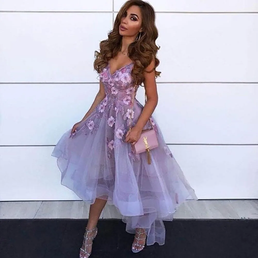 

High Low V Neck Lace 3D Appliques Prom Dresses Sexy Spaghetti Strap Unique Cocktail Gowns Purple Formal Dress Vestido de festa