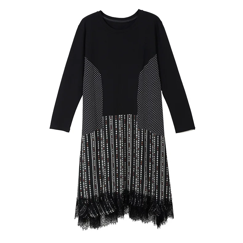 XITAO, винтажное модное женское платье с кружевным подолом, весна, лоскутный пуловер в полоску, маленький свежий длинный рукав, платье для миноритарных женщин DMY2239