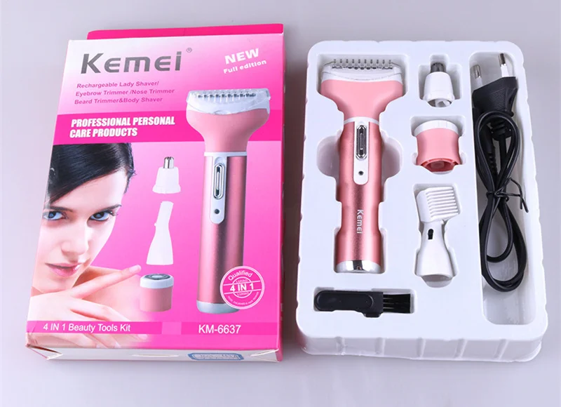 with box Kemei Эпилятор 4 в 1 Многофункциональный для женщин электрический эпилятор перезаряжаемый леди Depilador триммер для бровей и носа KM-6637 40D - Цвет: with box