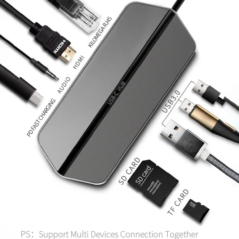 

9 in 1 HUB USB3.0+HDMI+PD+SD/TF T19 Adapter PD Charger 4K HD SD Card Reader 3 USB 3.0 Ports Type C Docking Station Charger r20