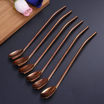 

6 Pcs/Pack Stainless Steel Oval Shape Metal Drinking Spoon Straw Reusable Straws Cocktail Spoons Set(Rose Gold)