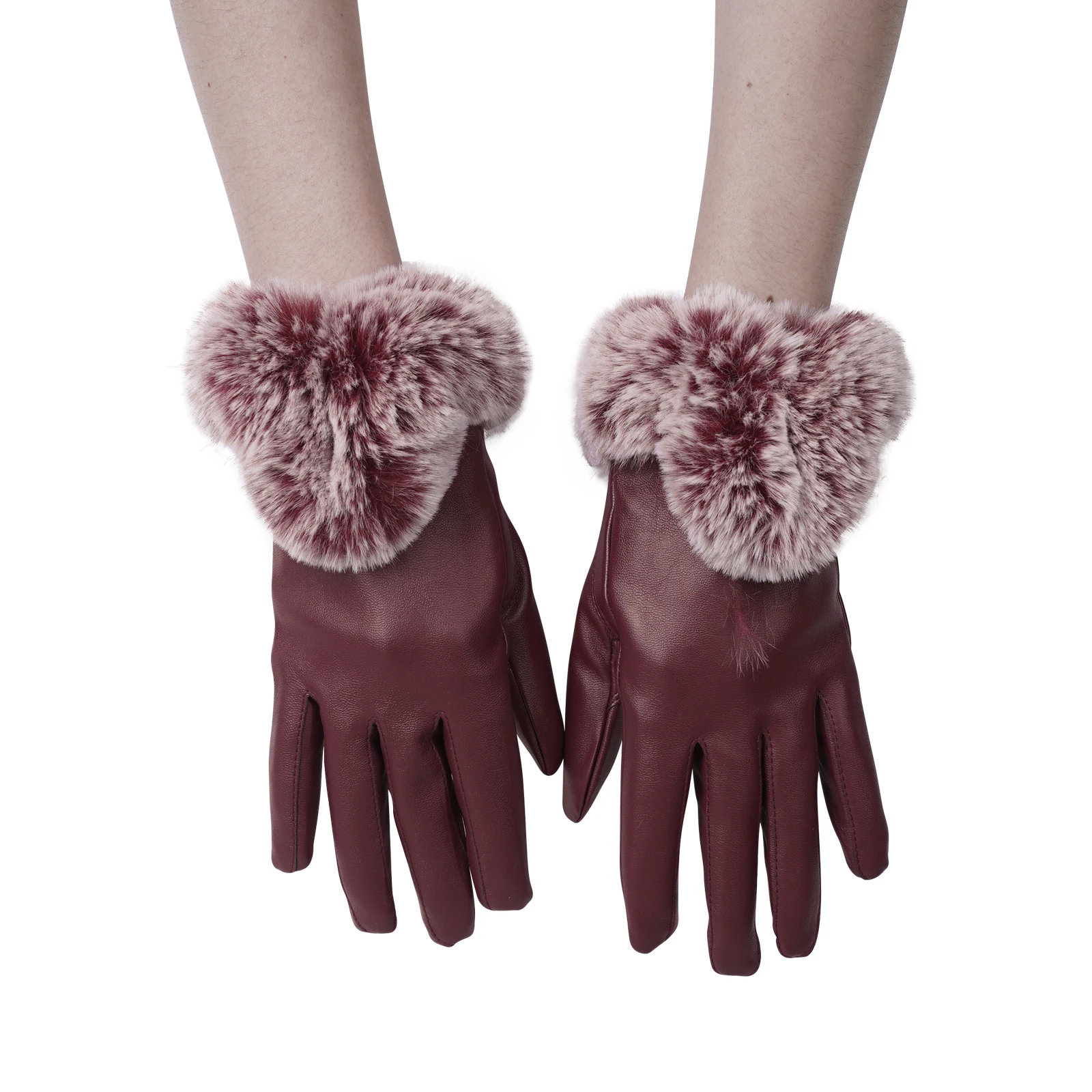 1Pair Touch Screen Gloves Imitate Rabbit Fur PU Leather Women for Cycling Warmth Winter Warm Female Trim Cuff Mittens | Аксессуары для