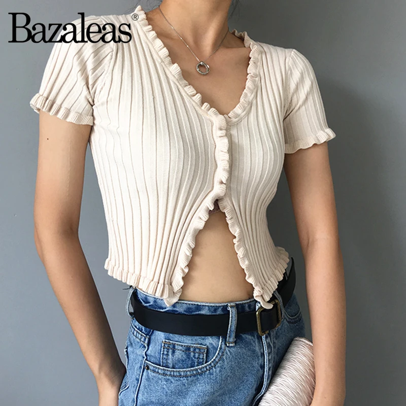 Винтаж оборками V образным вырезом вязаный Для женщин футболка центральные