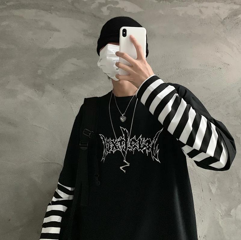 Woherb Harajuku Лоскутная полосатая футболка Женская Мужская Унисекс поддельная 2 шт. футболка с буквенным принтом Футболки с длинным рукавом Уличная одежда