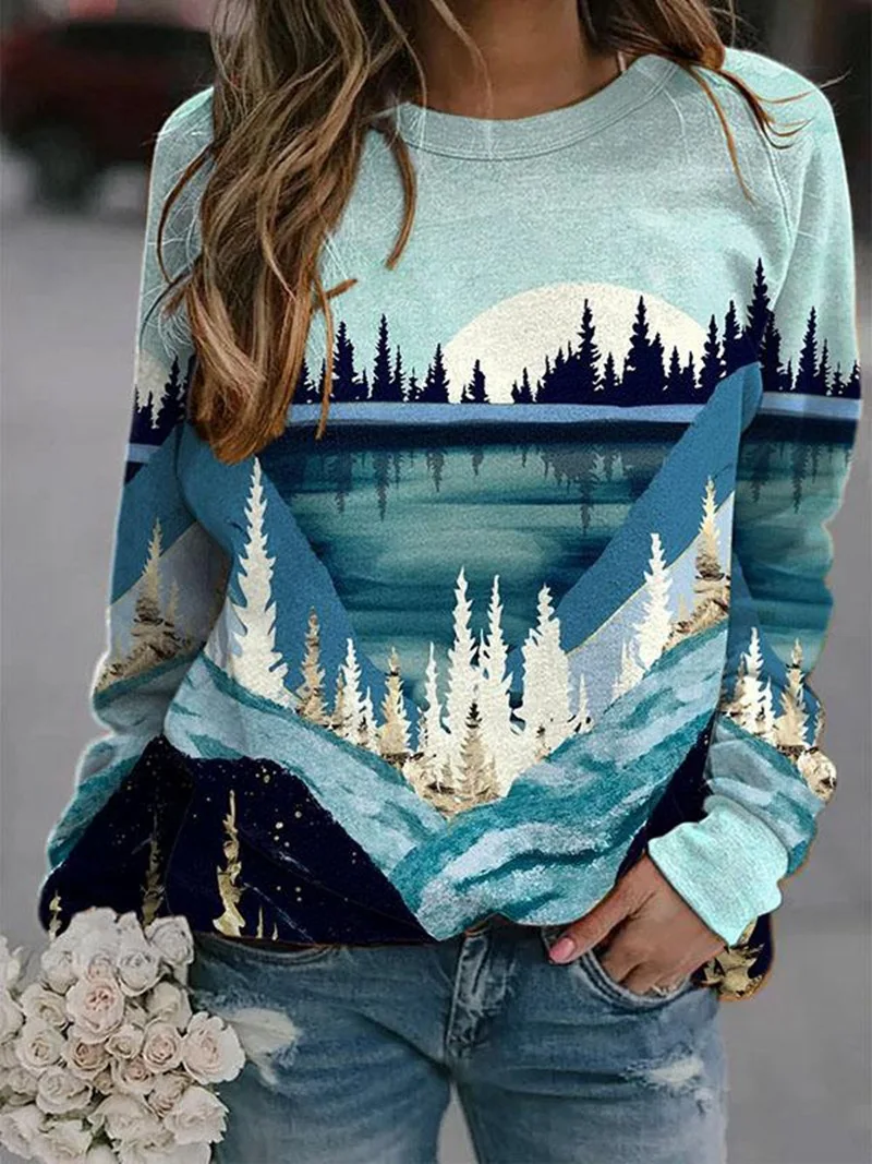 Women's Hooded Bodywear Autumn Long Sleeve Top Landscape Reflection Printing Round Neck Casual Loose Fashion Women's Top