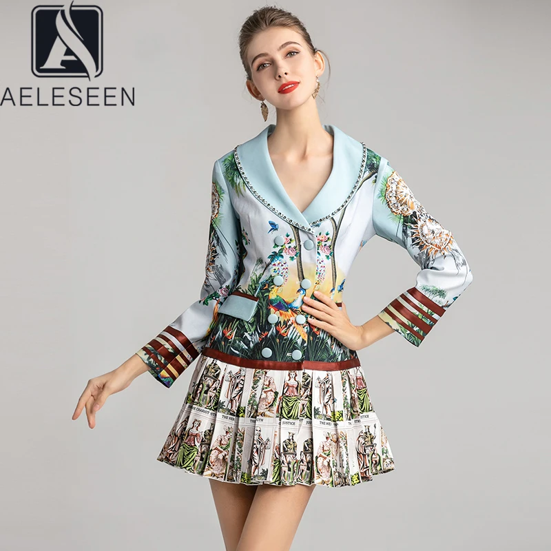 AELESEEN офисное женское подиумное цветочное мини-платье, женское роскошное платье с бриллиантами и отложным воротником, двубортное, новинка, плиссированное платье
