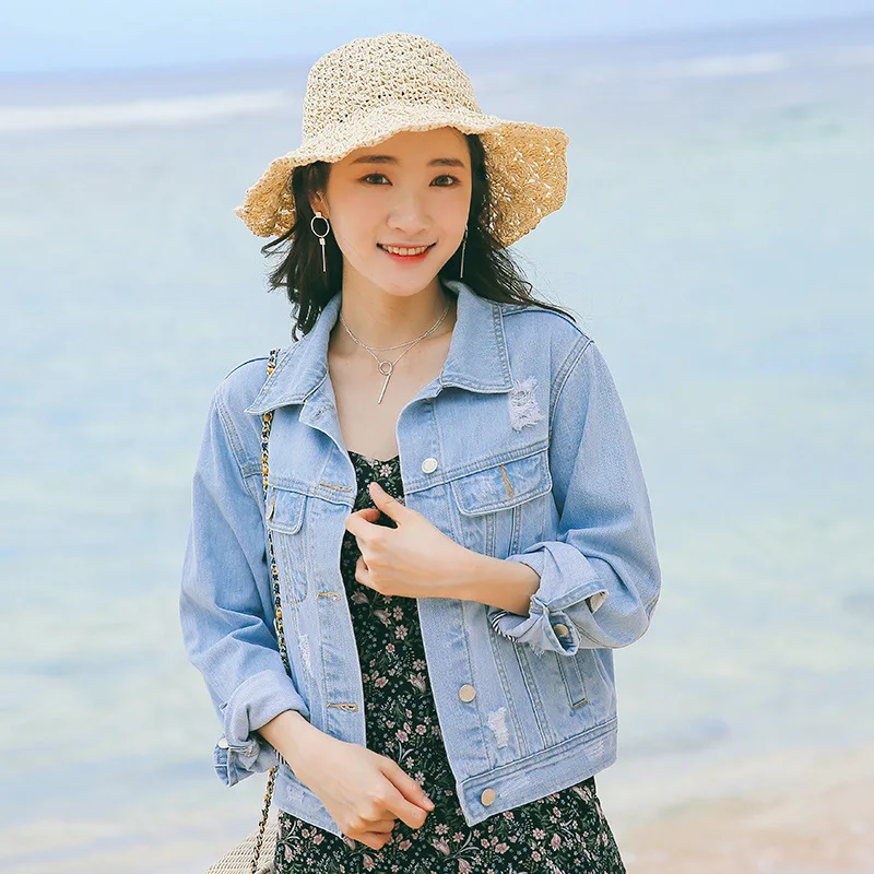 

Jeans Coat WOMEN'S Dress Spring Summer New Style Korean-style with Holes Loose-Fit Light Color Thin Students Jacket