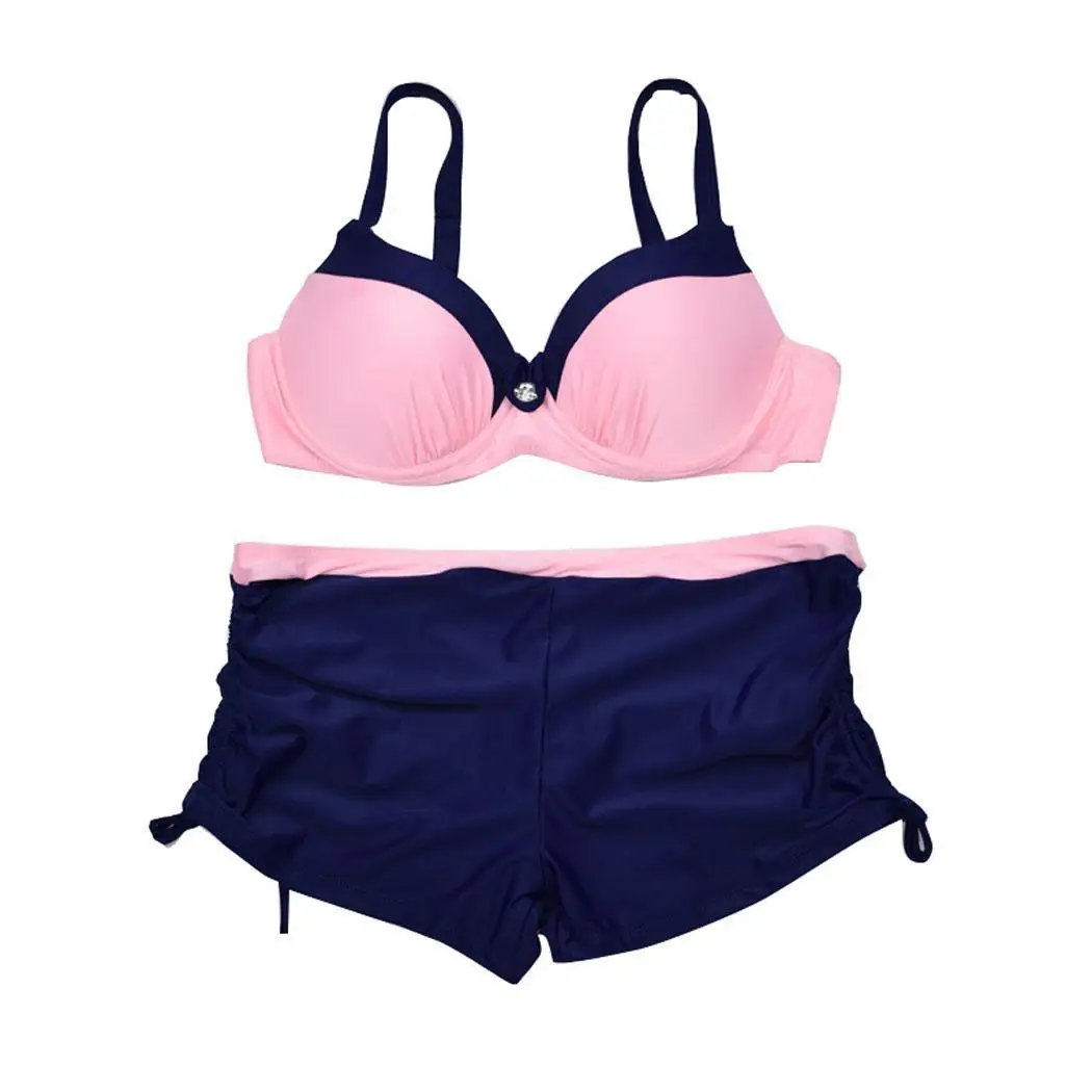 

Women Casual Patchwork Two-piece Sexy Bikini Mid Waist V Neck Set Short Buckle Pant Swimwear