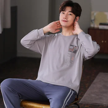 

2020 Spring Korean Long Sleeve Pajama Sets for Men Cotton Sleepwear Suit Nightwear Male Loungewear Pyjamas Homewear Home Clothes