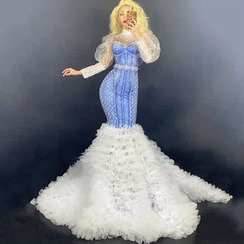 

Sparkly Rhinestone Pearl Long Tail Dress Women Birthday Transparent Sleeves Prom Celebrate Dancer Dresses Singer Stage DT2947