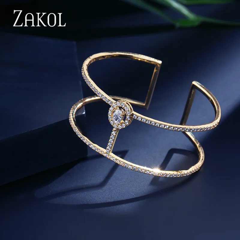 ZAKOL Новое поступление Изысканный браслет манжета с цирконием микро закрепкой