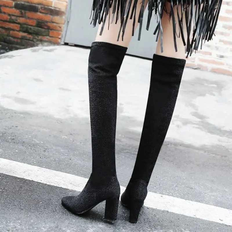 Haoshen&Girl Women Over the Knee High Boots Sequi Special fabric Stretch boots High Heel Thin High Boots Winter Shoes Size 10.5