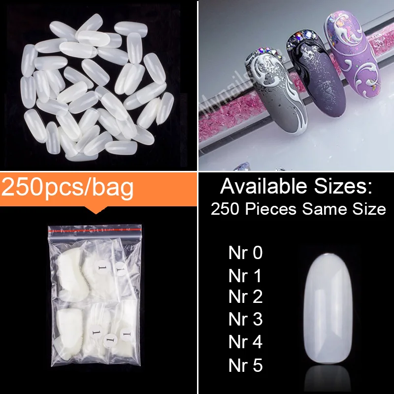 False-Nail-Tips Acrylic Oval-Shape Design Prastic 250pieces for Drawing Size-0/1-2-3-4-5-6
