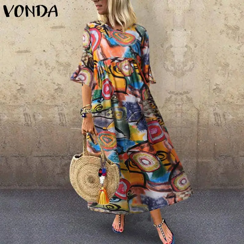 

VONDA 2020 Maternity Dresses Flare Short Sleeve Party Cocktail Dress Random Printed Loose Holiday Sundress 5XL Party Vestidos