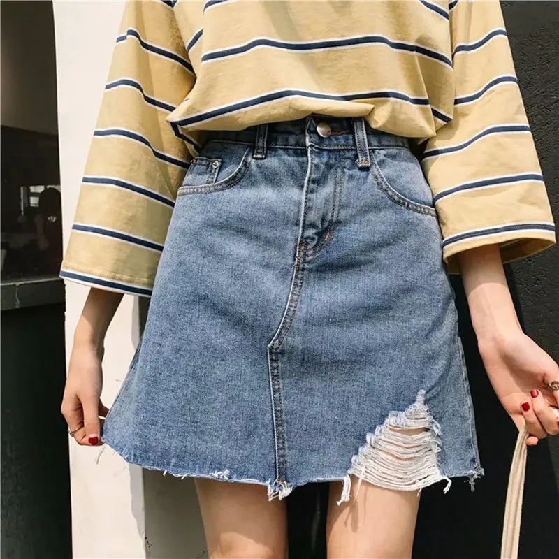 

INS Super Fire Korean-style Large Size High-waisted Large GIRL'S Denim Skirt Women's High-waisted Slimming Loose-Fit 200 A- line